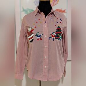 Embroidered Christmas Red & White Striped Button Up Shirt Medium